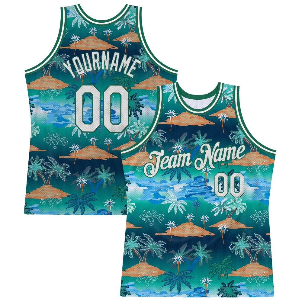 Custom Kelly Green White-Kelly Green 3D Pattern Hawaii Palm Trees High-quality Basketball Jersey