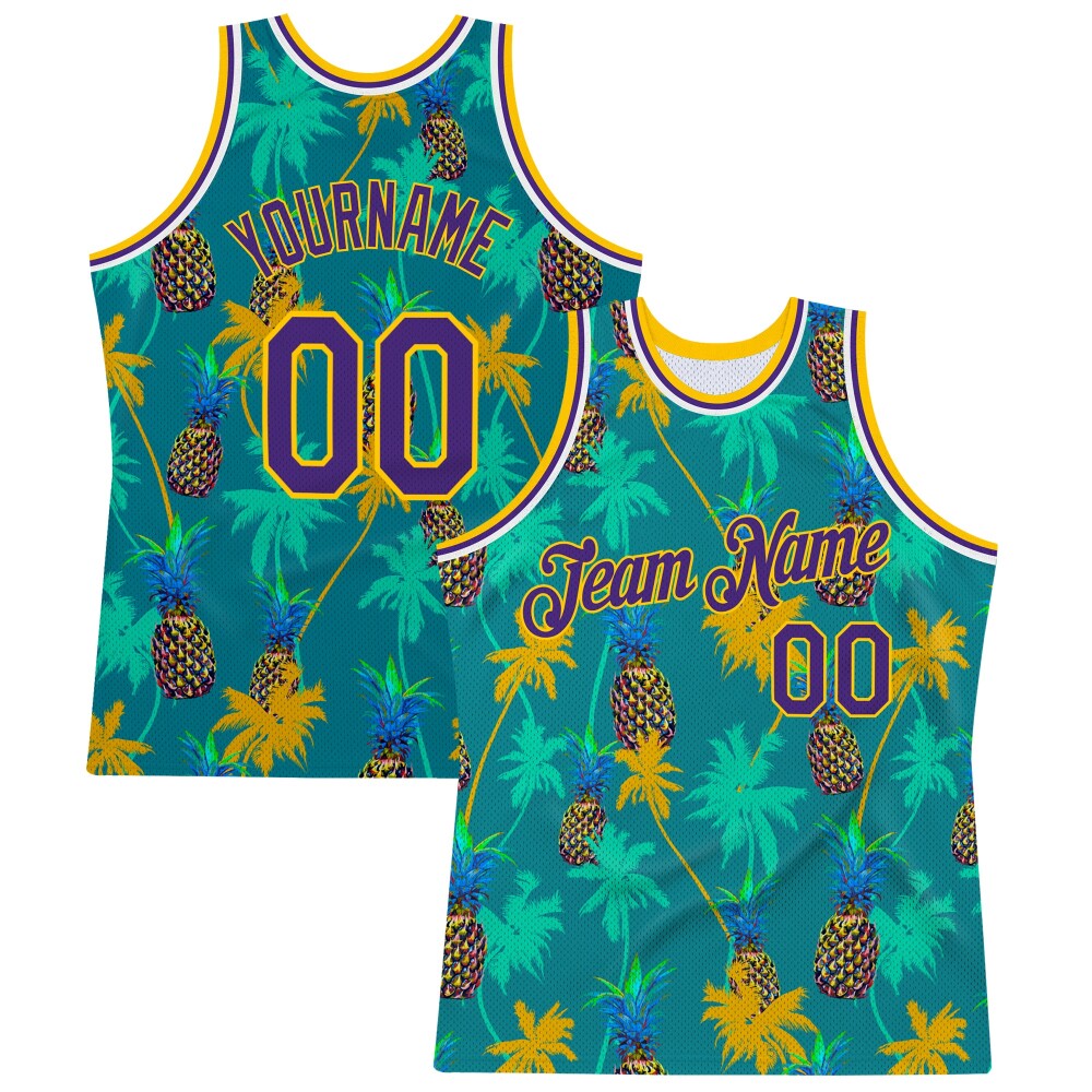 Custom Kelly Green Purple-Gold 3D Pattern Hawaii Palm Trees Pineapples High-quality Basketball Jersey