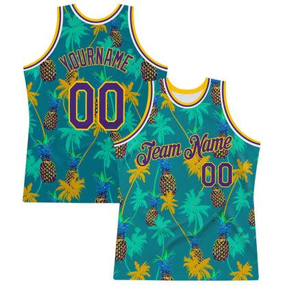 Custom Kelly Green Purple-Gold 3D Pattern Hawaii Palm Trees Pineapples High-quality Basketball Jersey