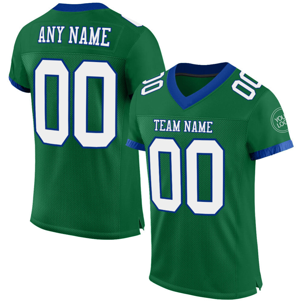 Custom Kelly Green White-Royal Mesh High-quality Football Jersey