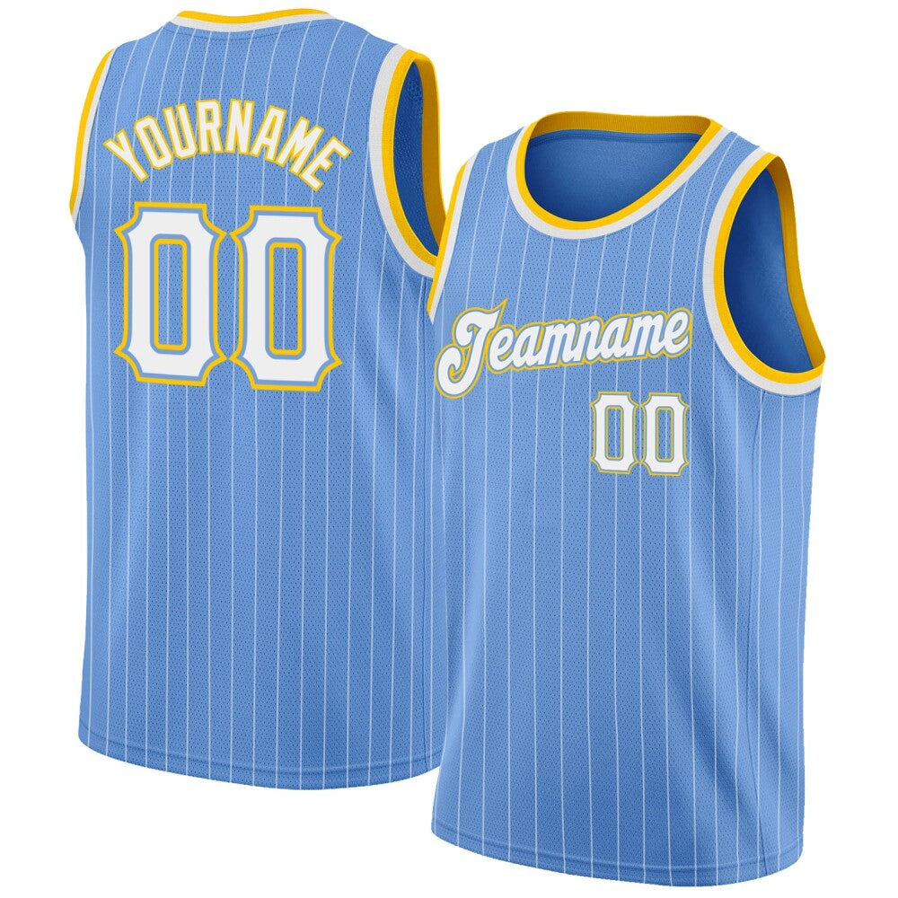 Custom Light Blue White Pinstripe White-Gold High-quality Basketball Jersey