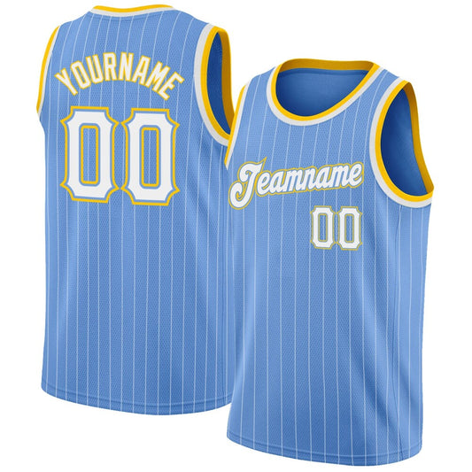 Custom Light Blue White Pinstripe White-Gold High-quality Basketball Jersey