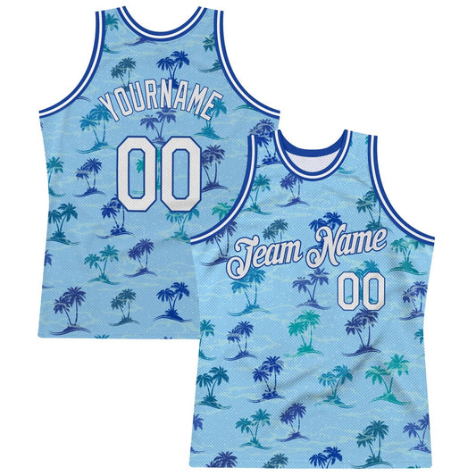 Custom Light Blue White-Royal 3D Pattern Hawaii Palm Trees High-quality Basketball Jersey