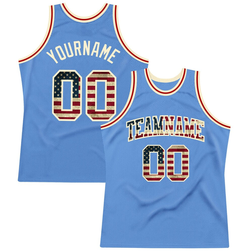 Custom Light Blue Vintage USA Flag-Cream High-quality Throwback Basketball Jersey