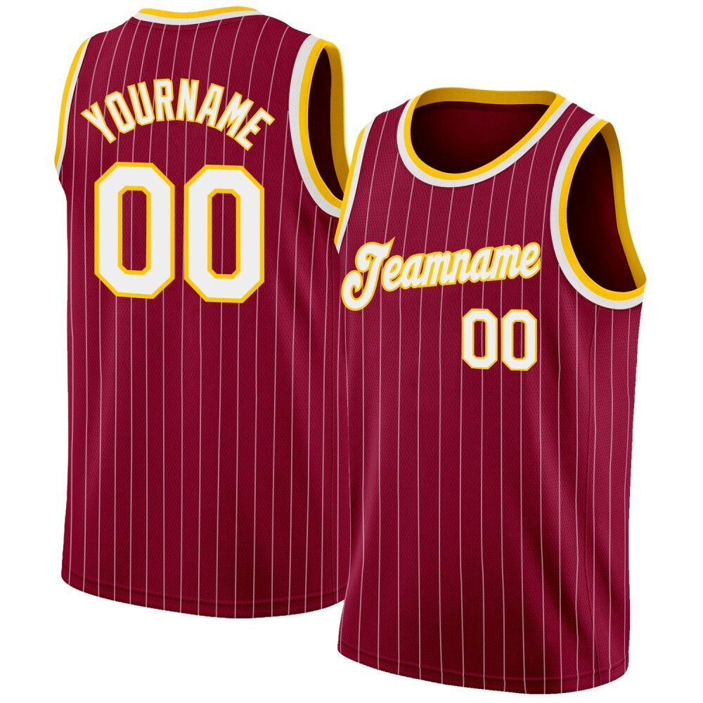 Custom Maroon White Pinstripe White-Gold High-quality Basketball Jersey
