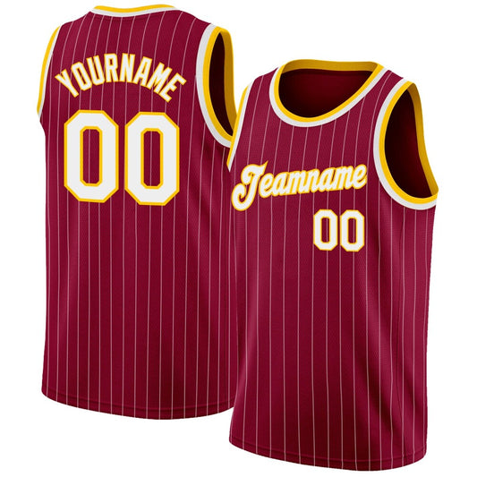 Custom Maroon White Pinstripe White-Gold High-quality Basketball Jersey