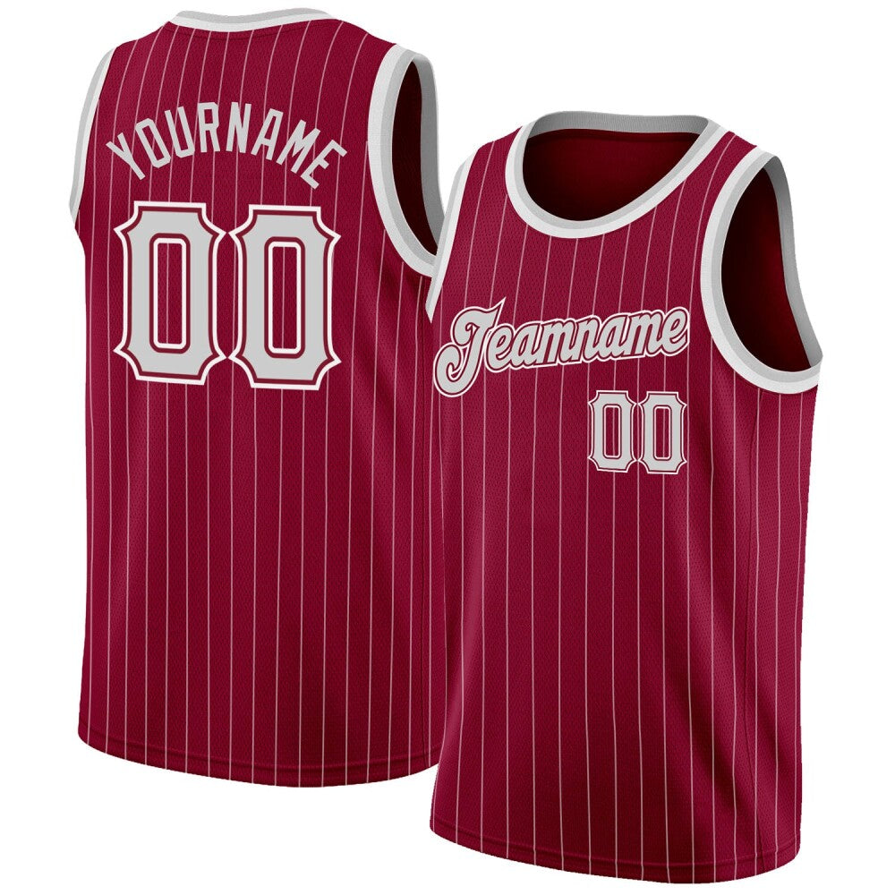 Custom Maroon White Pinstripe Gray-White High-quality Basketball Jersey