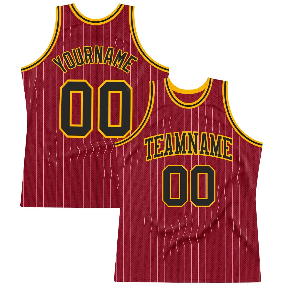 Custom Maroon White Pinstripe Black-Gold High-quality Basketball Jersey