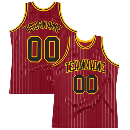 Custom Maroon White Pinstripe Black-Gold High-quality Basketball Jersey