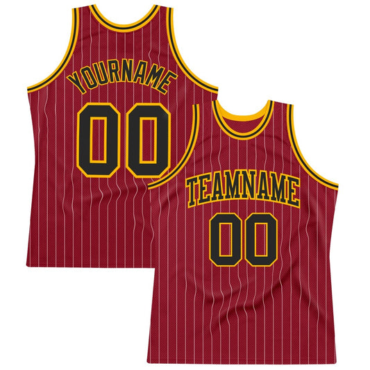 Custom Maroon White Pinstripe Black-Gold High-quality Basketball Jersey