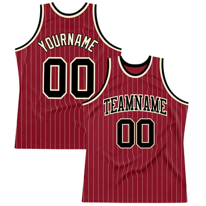 Custom Maroon White Pinstripe Black-Cream High-quality Basketball Jersey