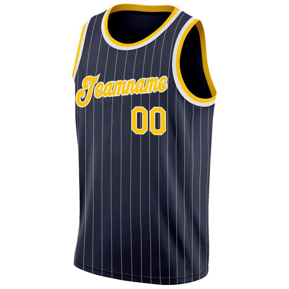 Custom Navy White Pinstripe Gold-White High-quality Basketball Jersey