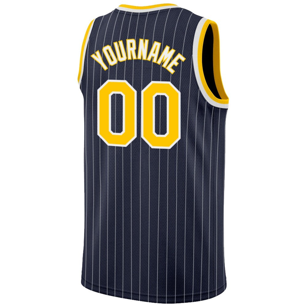 Custom Navy White Pinstripe Gold-White High-quality Basketball Jersey