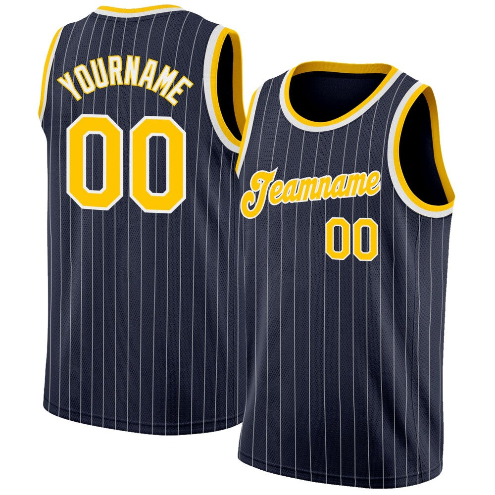 Custom Navy White Pinstripe Gold-White High-quality Basketball Jersey