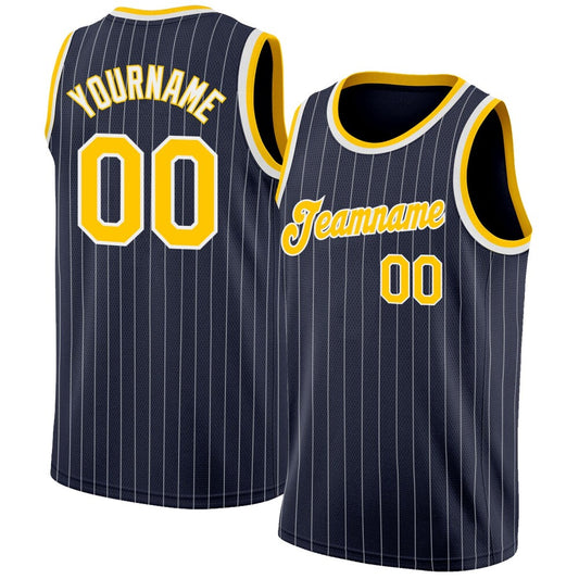 Custom Navy White Pinstripe Gold-White High-quality Basketball Jersey