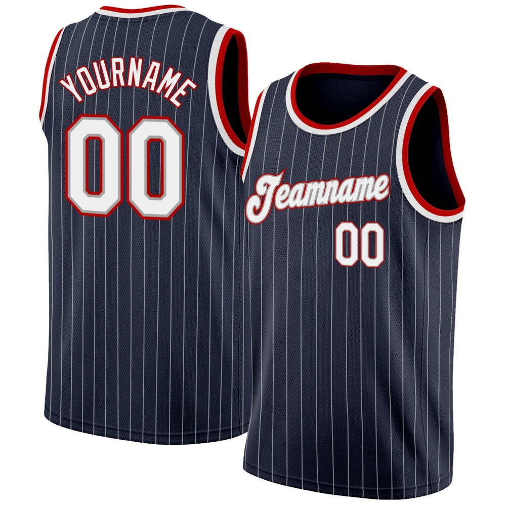 Custom Navy White Pinstripe White-Red High-quality Basketball Jersey