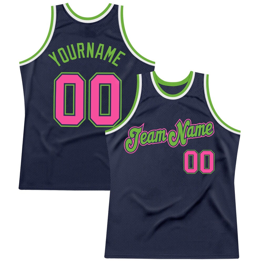 Custom Navy Pink-Neon Green High-quality Throwback Basketball Jersey