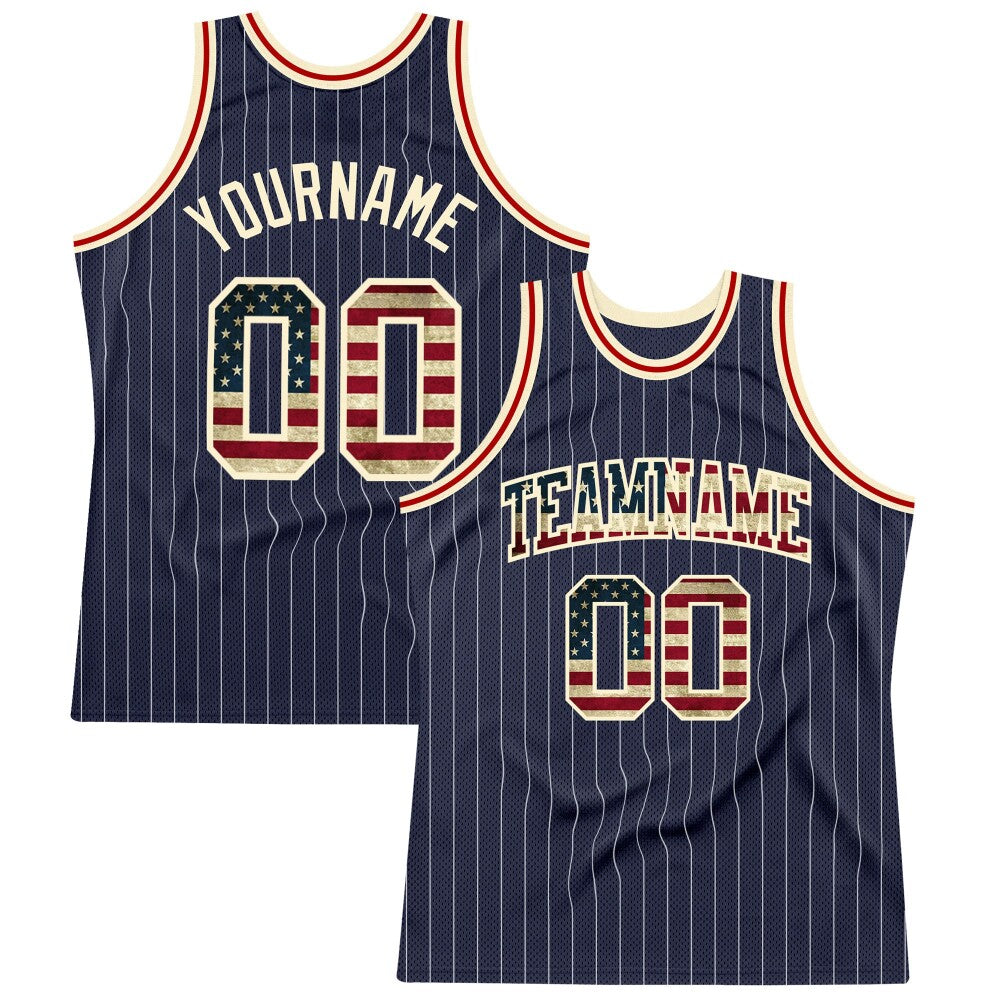 Custom Navy White Pinstripe Vintage USA Flag Cream-Red High-quality  Basketball Jersey