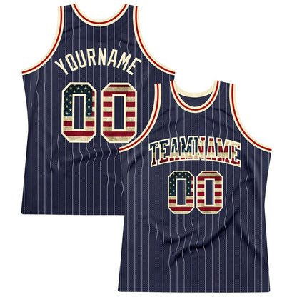 Custom Navy White Pinstripe Vintage USA Flag Cream-Red High-quality  Basketball Jersey