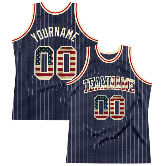 Custom Navy White Pinstripe Vintage USA Flag Cream-Red High-quality  Basketball Jersey