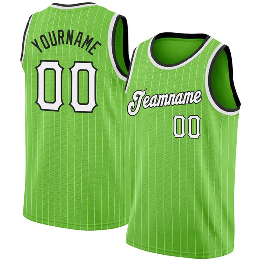Custom Neon Green White Pinstripe White-Black High-quality Basketball Jersey