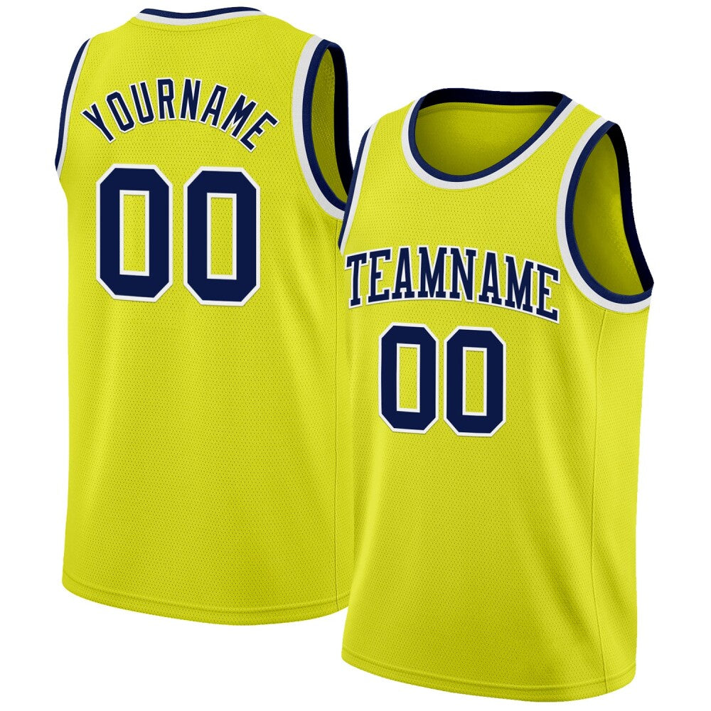 Custom Neon Yellow Navy-White High-quality Basketball Jersey