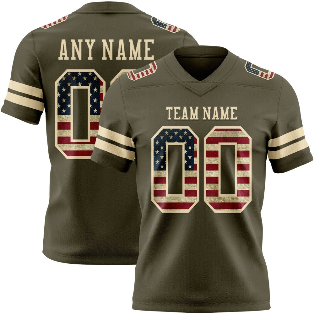 Custom Olive Vintage USA Flag-Cream High-quality Salute To Service Football Jersey