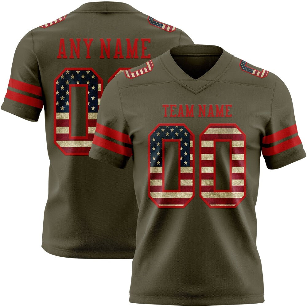 Custom Olive Vintage USA Flag-Red High-quality Salute To Service Football Jersey