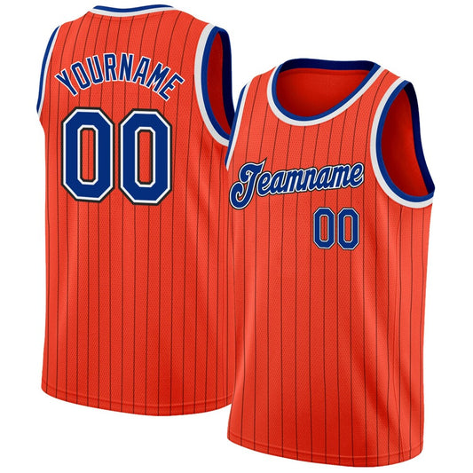 Custom Orange Black Pinstripe Royal-White High-quality Basketball Jersey