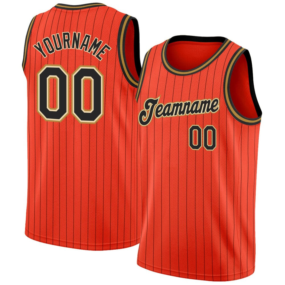 Custom Orange Black Pinstripe Black-Old Gold High-quality Basketball Jersey