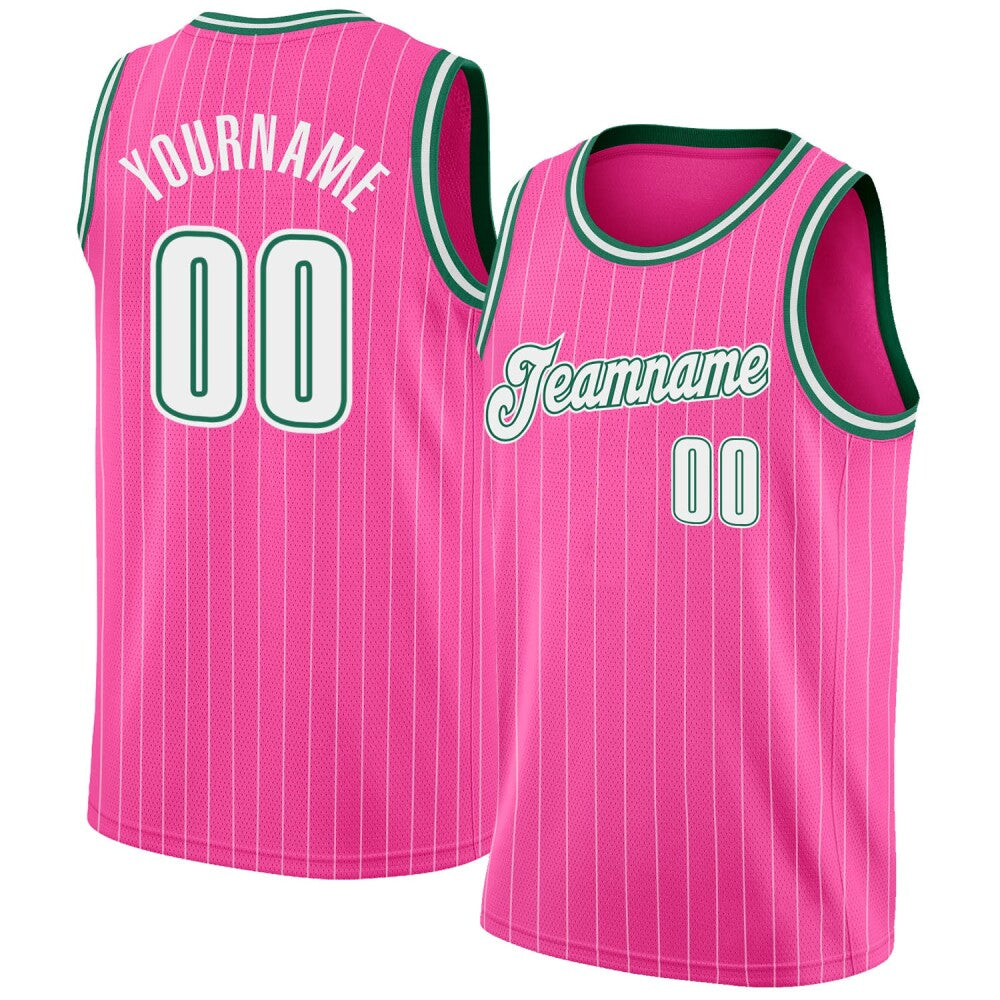 Custom Pink White Pinstripe White-Kelly Green High-quality Basketball Jersey
