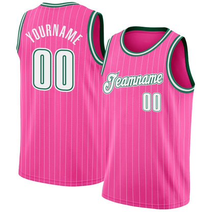 Custom Pink White Pinstripe White-Kelly Green High-quality Basketball Jersey