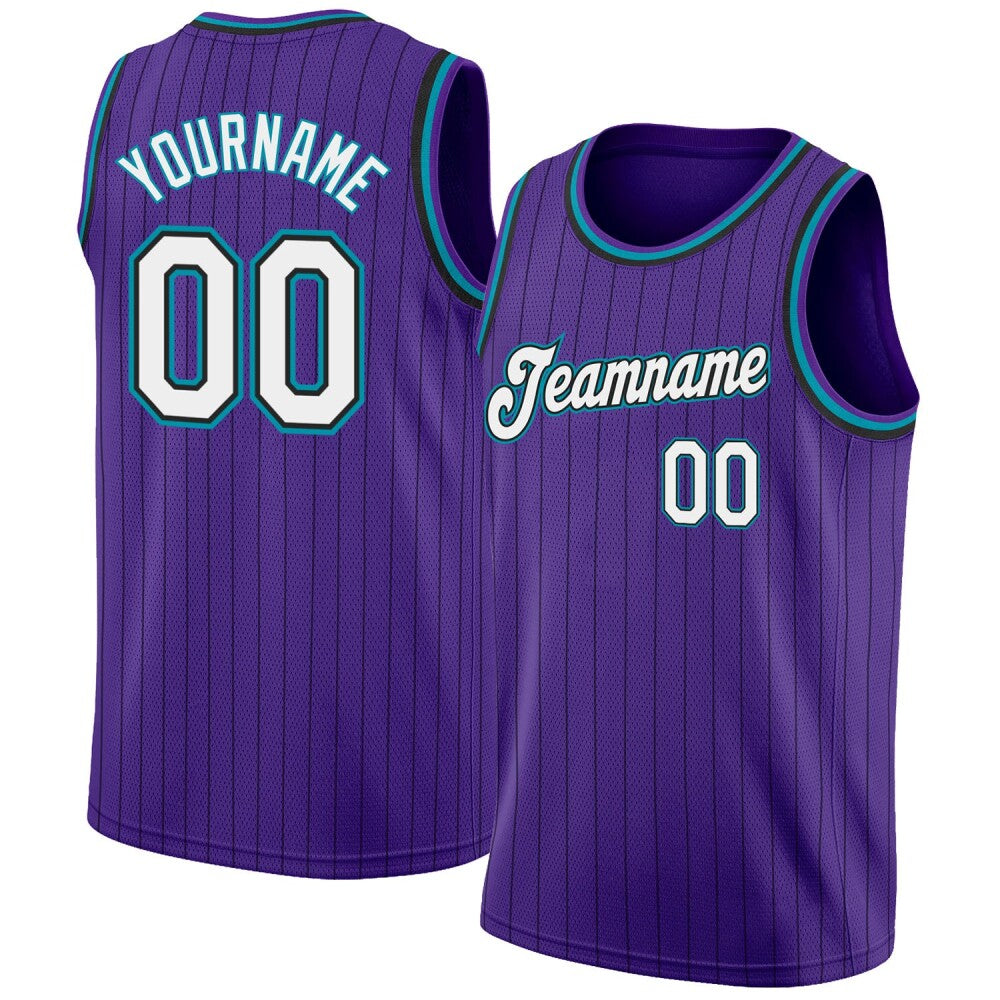 Custom Purple Black Pinstripe White-Teal High-quality Basketball Jersey