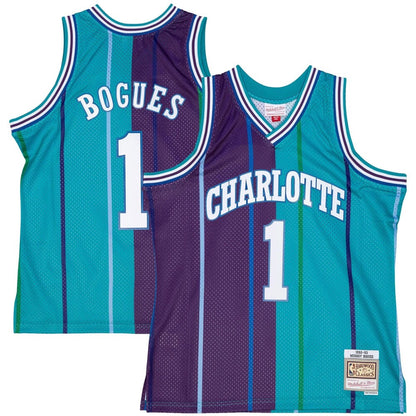 Muggsy Bogues Charlotte Hornets Mitchell & Ness Hardwood Classics 1992-93 Split Swingman Jersey - Teal/Purple