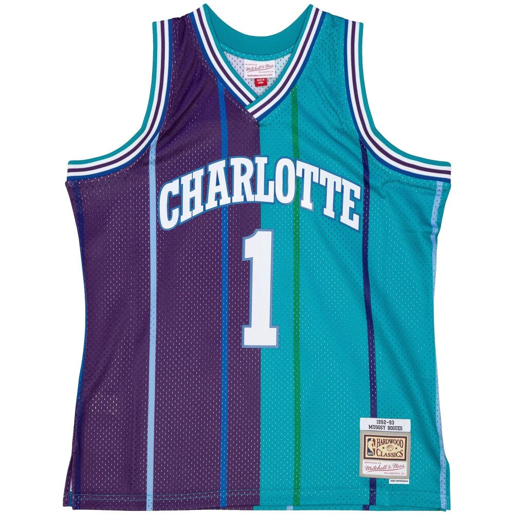 Muggsy Bogues Charlotte Hornets Mitchell & Ness Hardwood Classics 1992-93 Split Swingman Jersey - Teal/Purple