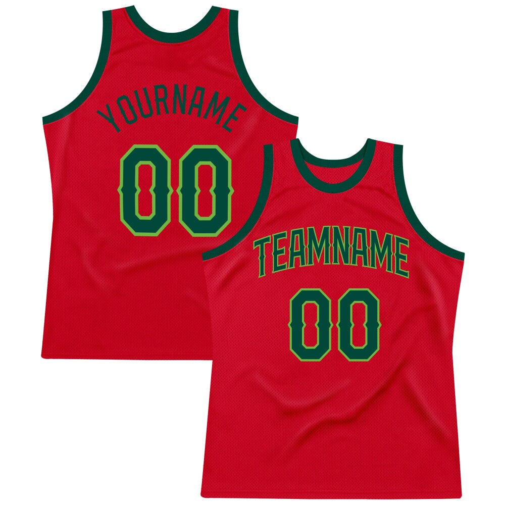 Custom Red Hunter Green-Neon Green High-quality Throwback Basketball Jersey