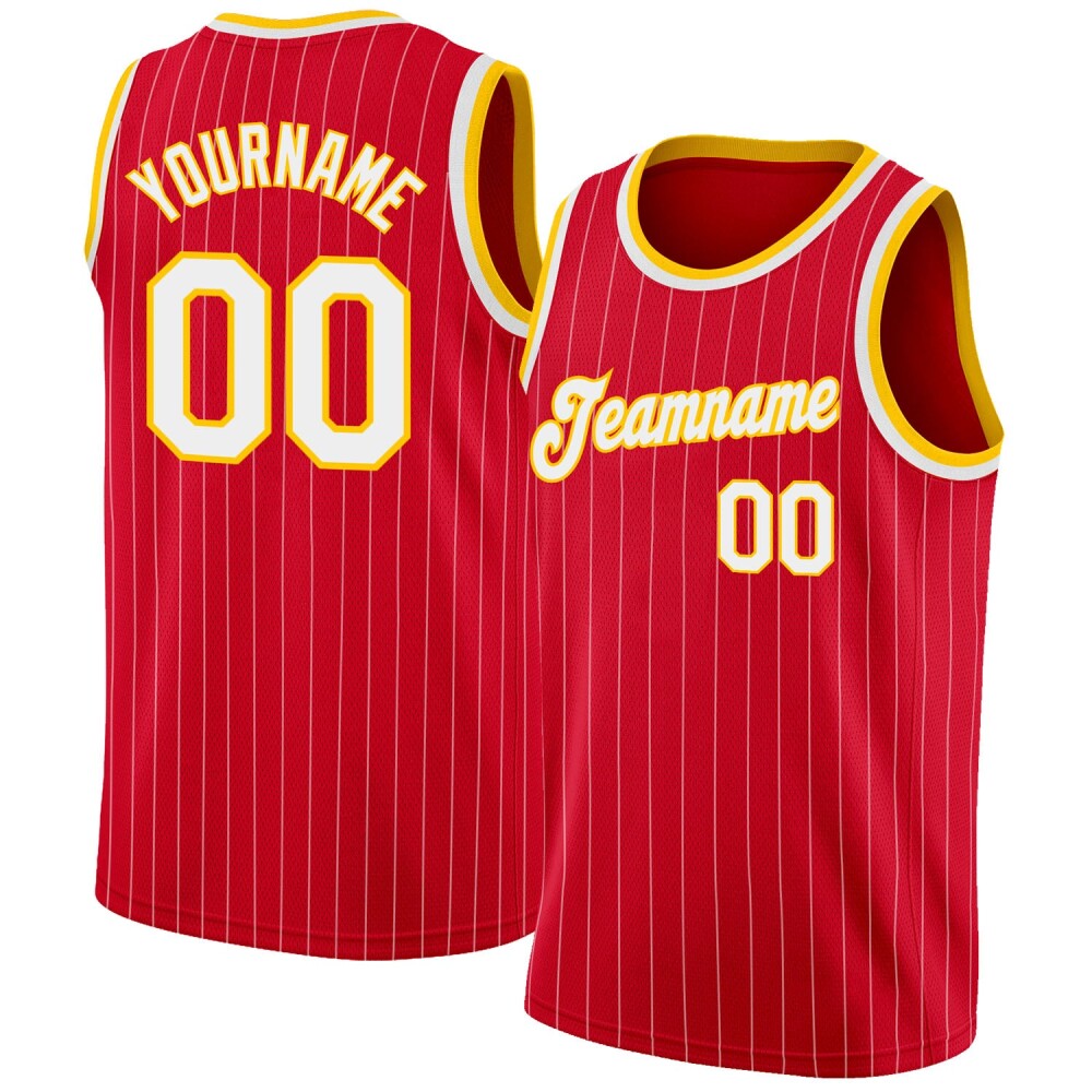 Custom Red White Pinstripe White-Gold High-quality Basketball Jersey