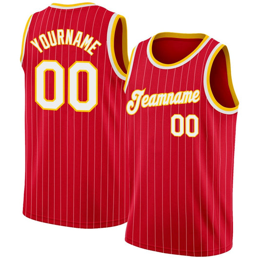 Custom Red White Pinstripe White-Gold High-quality Basketball Jersey