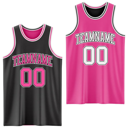 Custom Reversible Black Pink-White Double Side Sublimation Basketball Set Jersey