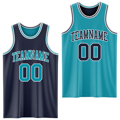 Custom Navy Teal-White Reversible Double Side Sublimation Basketball Set Jersey