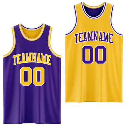 Custom Purple Gold-White Reversible Double Side Sublimation Basketball Set Jersey