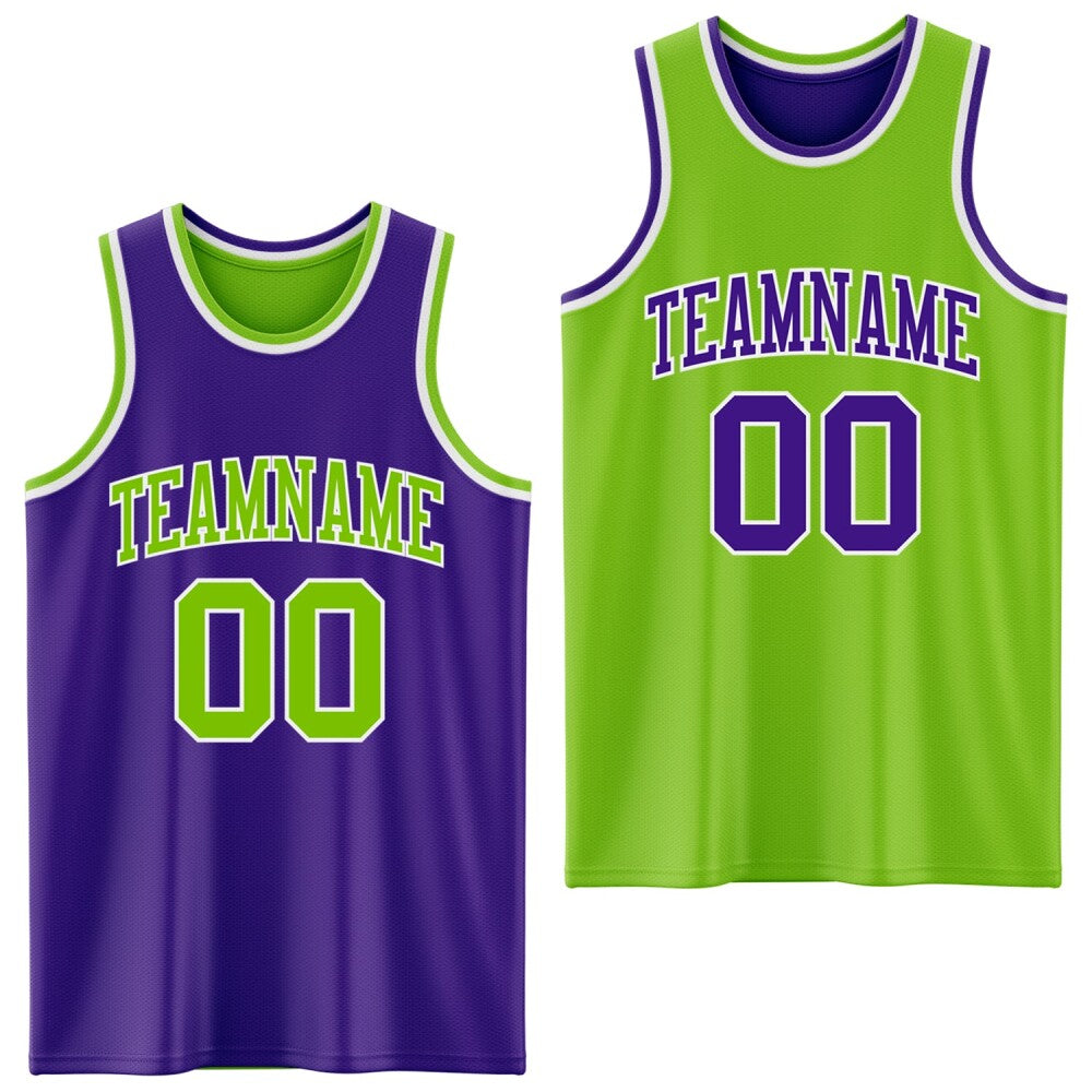 Custom Purple Neon Green-White Reversible Double Side Sublimation Basketball Set Jersey