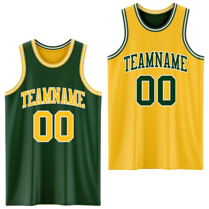 Custom Reversible Green Gold-White Double Side Sublimation Basketball Set Jersey