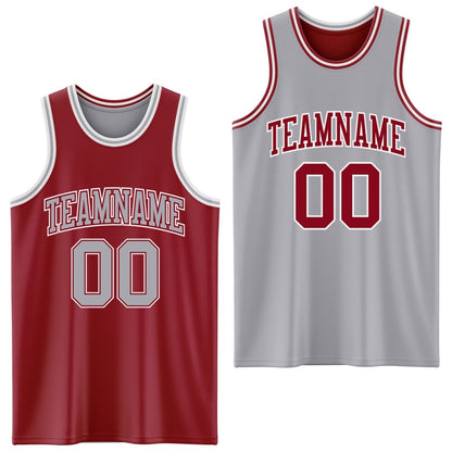 Custom Reversible Maroon Gray-White Double Side Sublimation Basketball Set Jersey