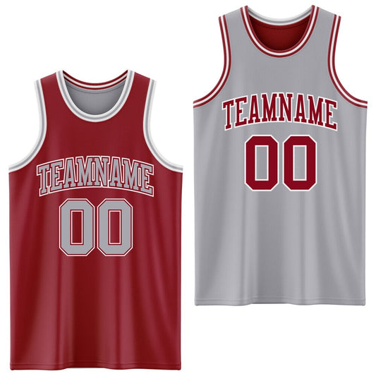 Custom Reversible Maroon Gray-White Double Side Sublimation Basketball Set Jersey