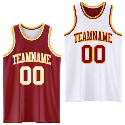 Custom Reversible Maroon White-Gold Double Side Sublimation Basketball Set Jersey