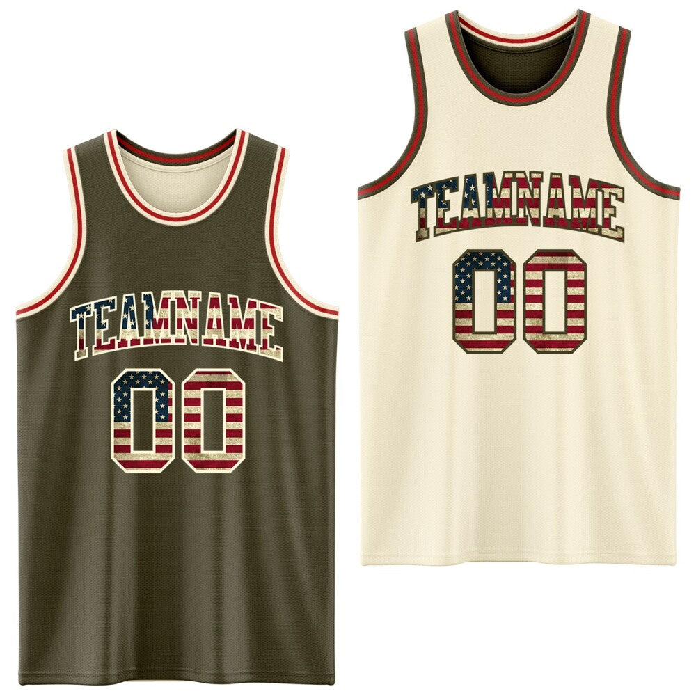 Custom Reversible Olive Vintage USA Flag Cream-Red Double Side Salute To Service Sublimation Basketball Set Jersey