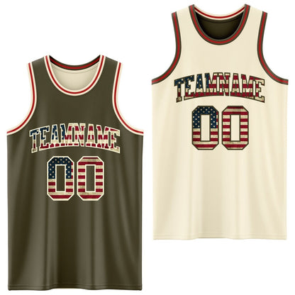 Custom Reversible Olive Vintage USA Flag Cream-Red Double Side Salute To Service Sublimation Basketball Set Jersey