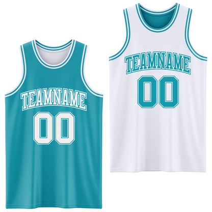 Custom Reversible Teal White Double Side Sublimation Basketball Set Jersey