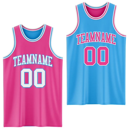 Custom Reversible Pink White-Sky Blue Double Side Sublimation Basketball Set Jersey